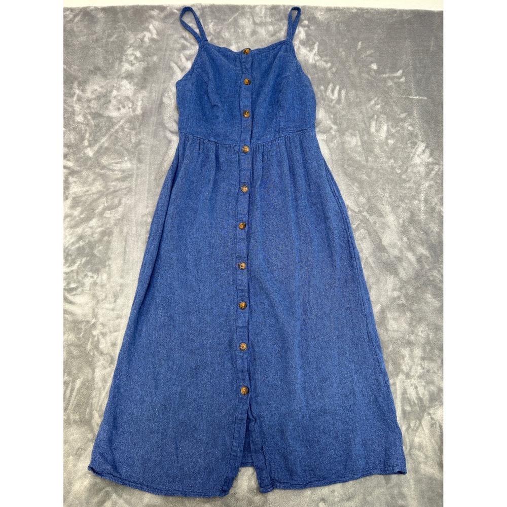 Old Navy Blue Linen Blend Button Front Midi Dress Smocked Back Small - Picture 2 of 5